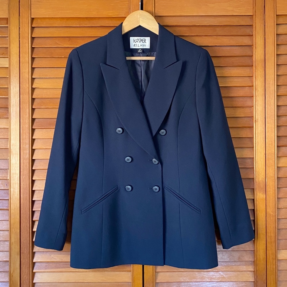 Kasper ASL Blazer Women's Petites Size 8P Double Breasted Long Sleeve Notch Blue